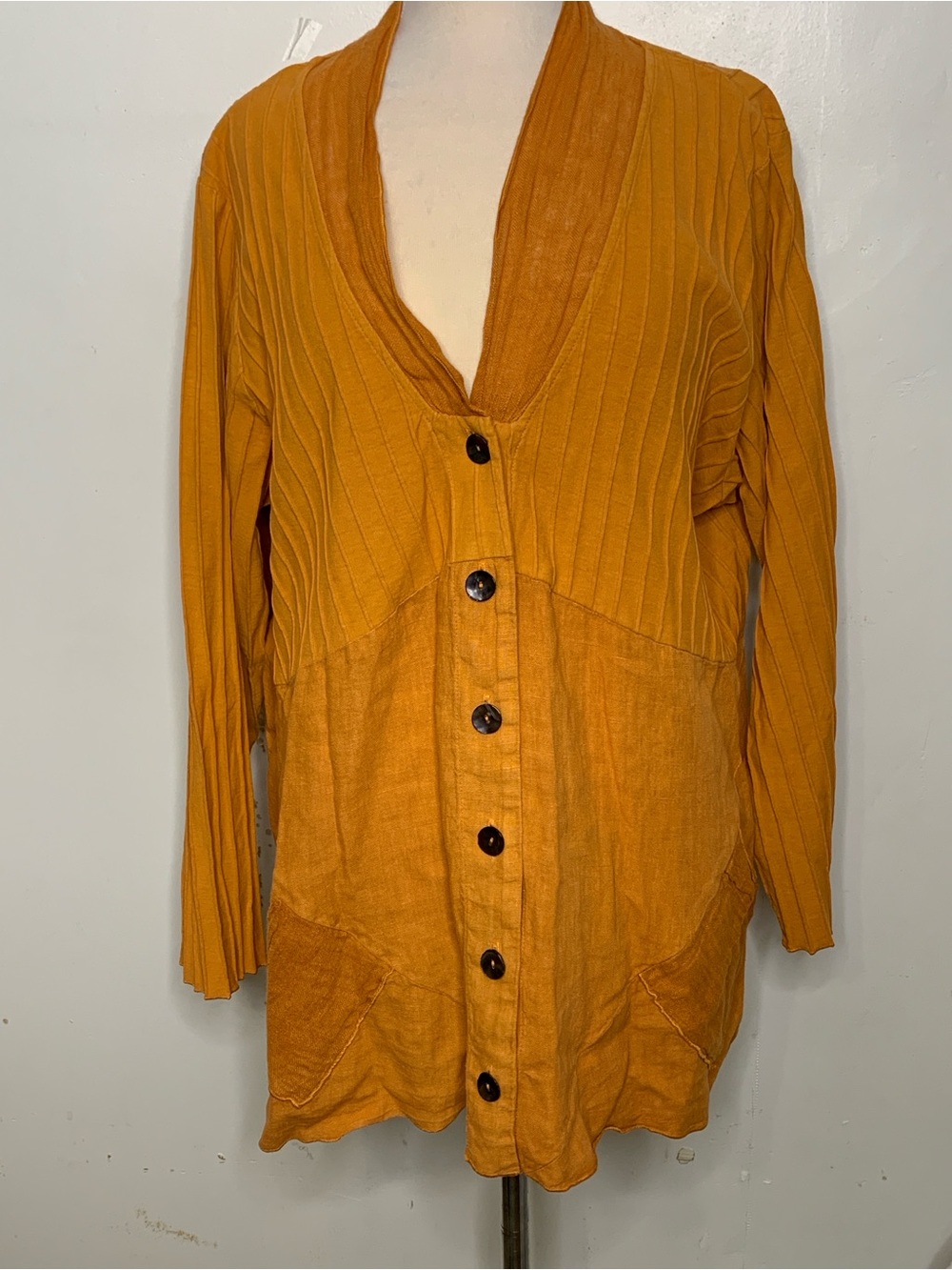 VTG Linen and Cotton Lagen mixed media Mustard Ribbed Button-Front Top boho 2x